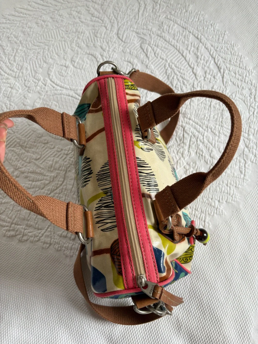 Fossil Key-Per mod floral handbag satchel shoulder bag coated canvas retro